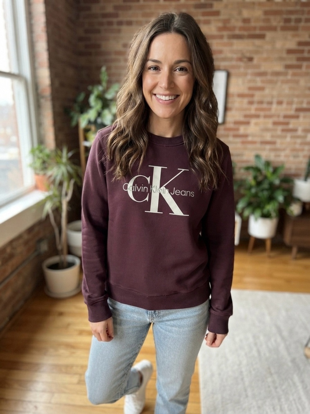 Calvin Klein Jeans Deep Burgundy Crewneck Sweatshirt with CK Logo